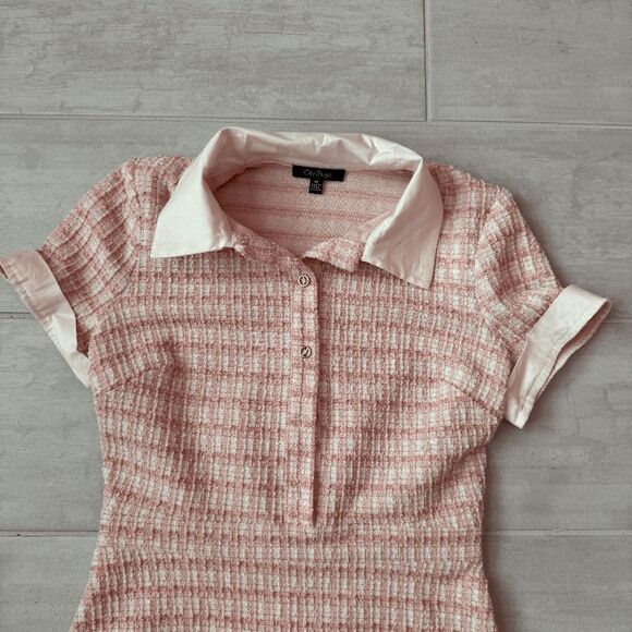 City Studios Mini Dress Tweed Preppy Collared Bouclé  Shift Pink White Academia - Picture 6 of 6